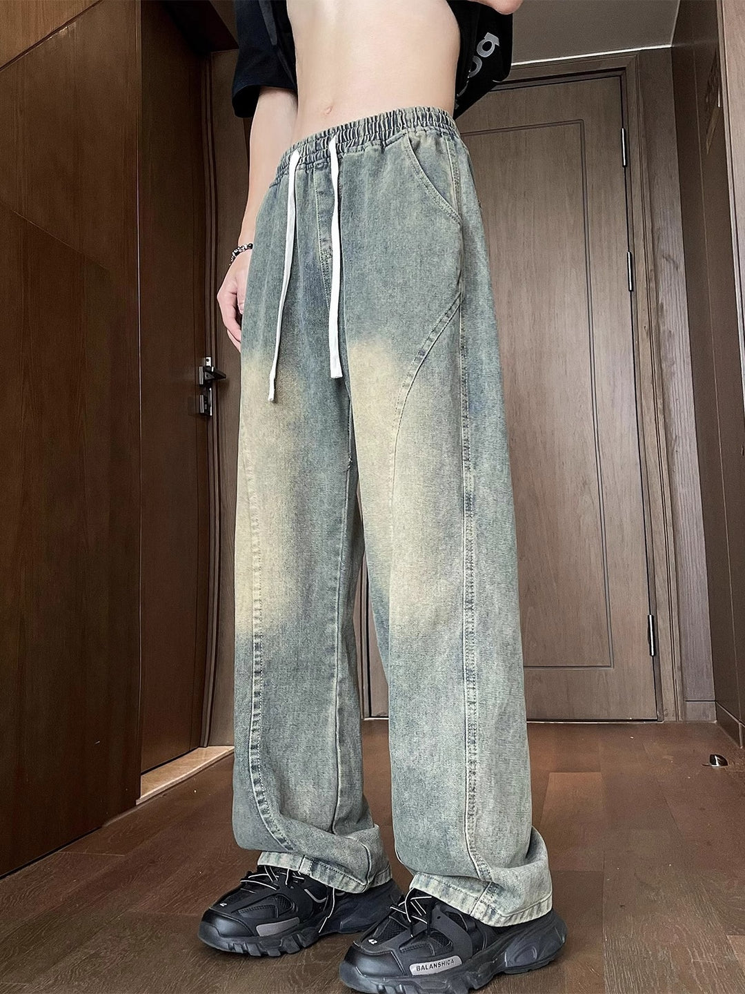 Unisex Wide Leg Denim Pants with Elastic Waistband Mune Fashion