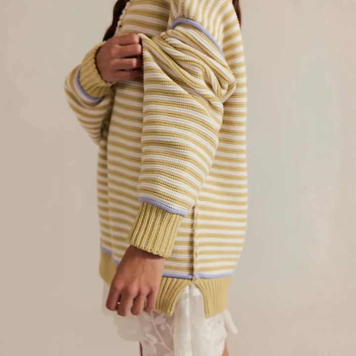 Women's Oversized Striped Knit Sweater with Wide Cut, Cuffs & Contrasting Piping Mune Fashion