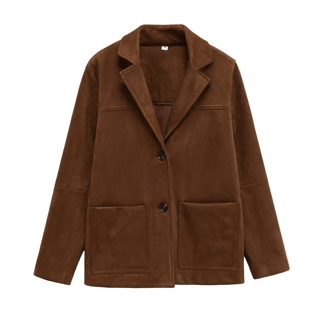 Women Short Suede-Look Coat with Notched Collar and Applied Pockets Mune Fashion