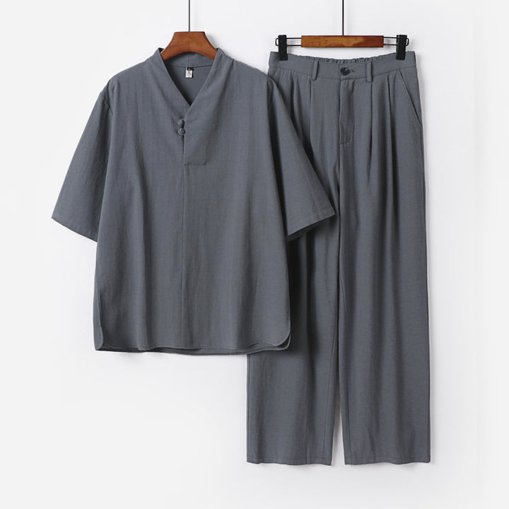 Men's Two-Piece Lightweight Kimono Loungewear Set with Stand Collar Tie Closure Short Sleeve and Wide Leg Pants Mune Fashion