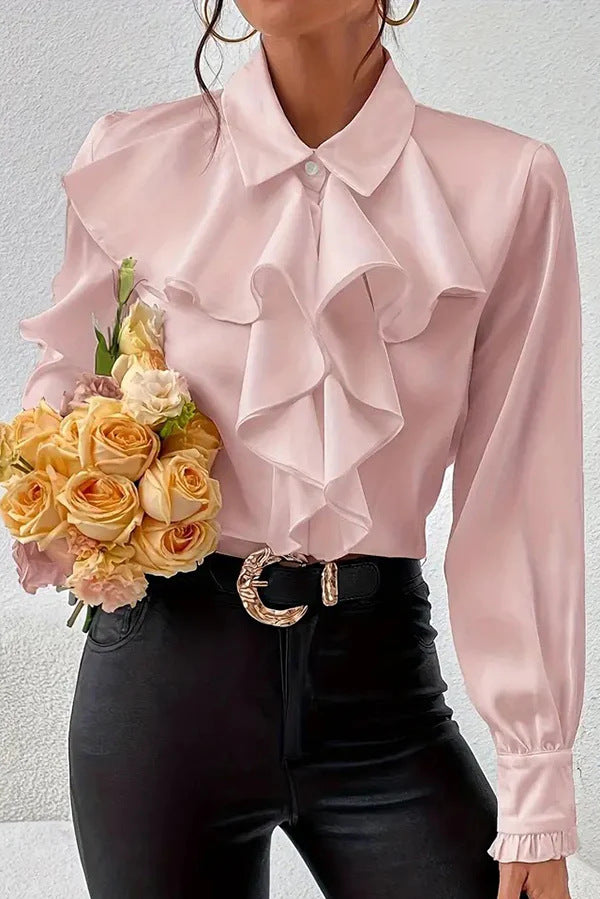 Women Elegant Ruffled Blouse with Flounces, Shirt Collar and Cuffs Drune