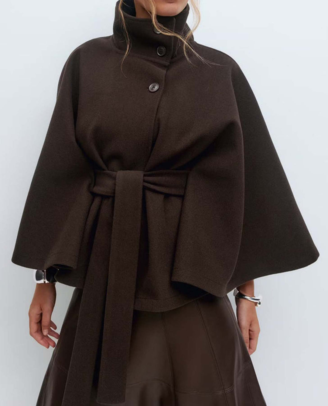 Women's Short Cape Coat with Stand-Up Collar, Oversized Sleeves and Tie Belt Mune Fashion