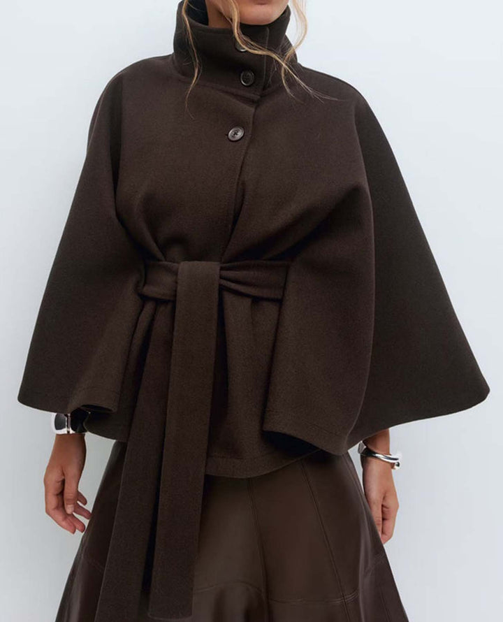 Women's Short Cape Coat with Stand-Up Collar, Oversized Sleeves and Tie Belt Mune Fashion