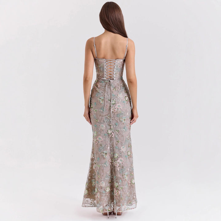 Ladies elegant embroidered evening dress with corset top and transparent lace overlay Mune Fashion
