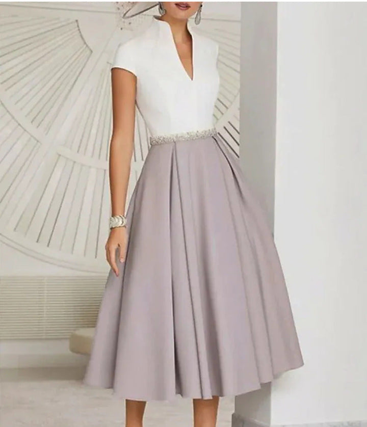 Mune Fashion | White Color Block V Neck Flared Summer Dress