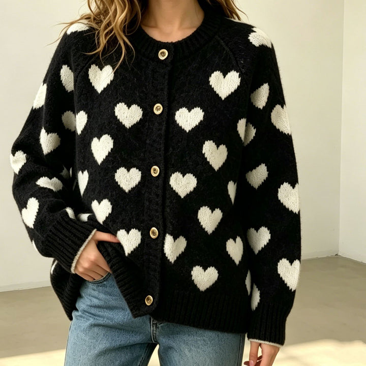 Women's Cozy Jacquard Cardigan with Heart Motif, Raglan Sleeves and Button Placket Mune Fashion