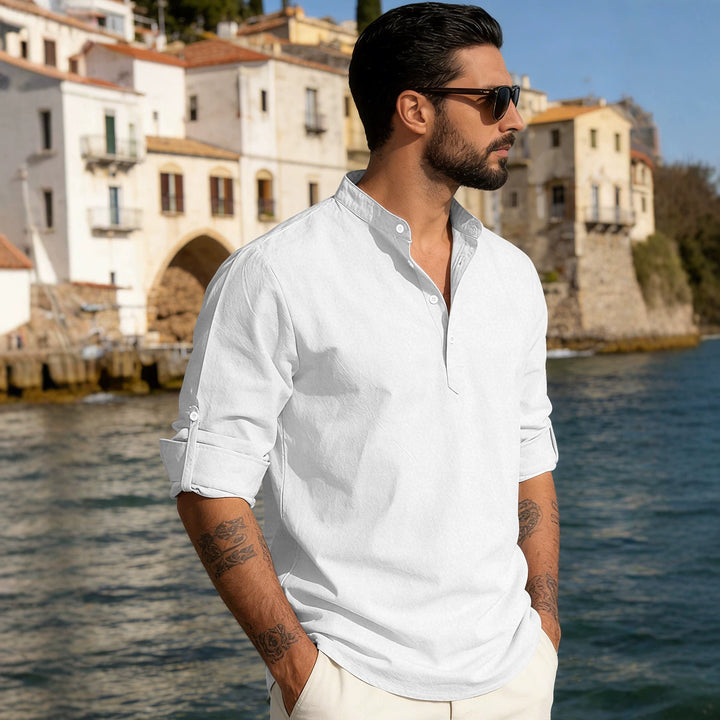 Men's lightweight half-button shirt made of linen blend with stand-up collar and roll-up sleeves Mune Fashion