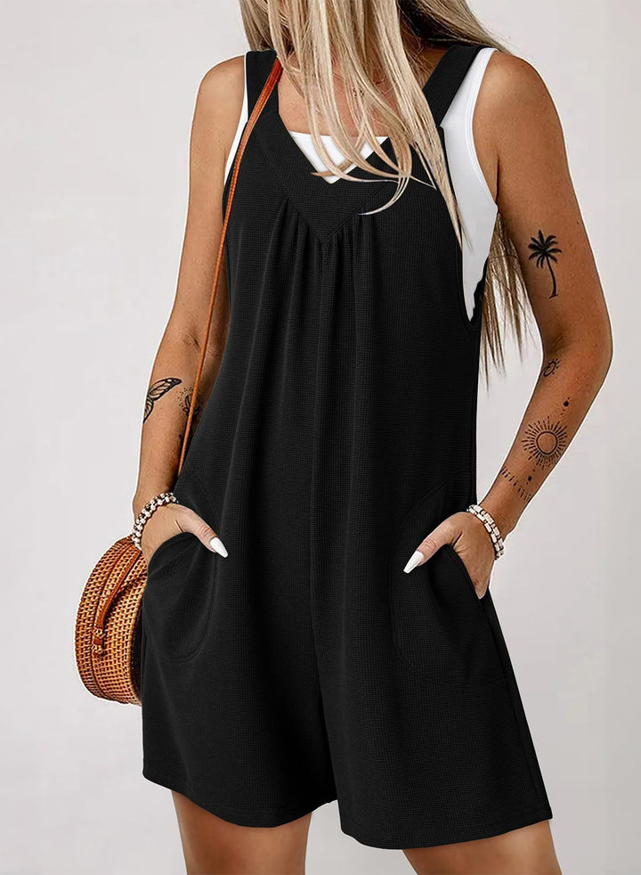 Women's Sleeveless Waffle Shorts Jumpsuit with V-Neck and Side Pockets Mune Fashion