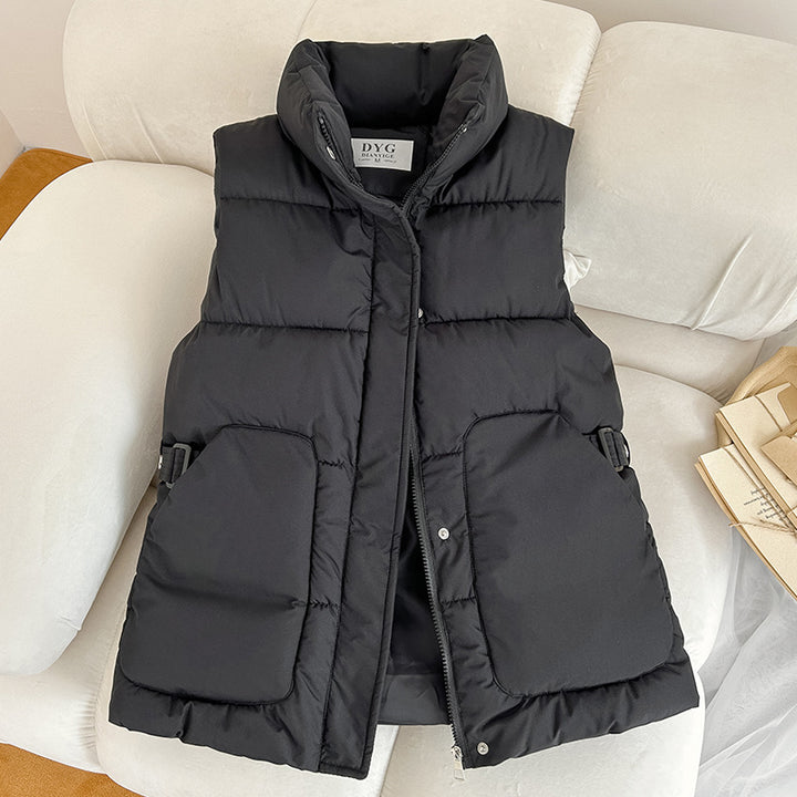 Women Padded Quilted Vest with Stand-Up Collar and Adjustable Side Straps Mune Fashion
