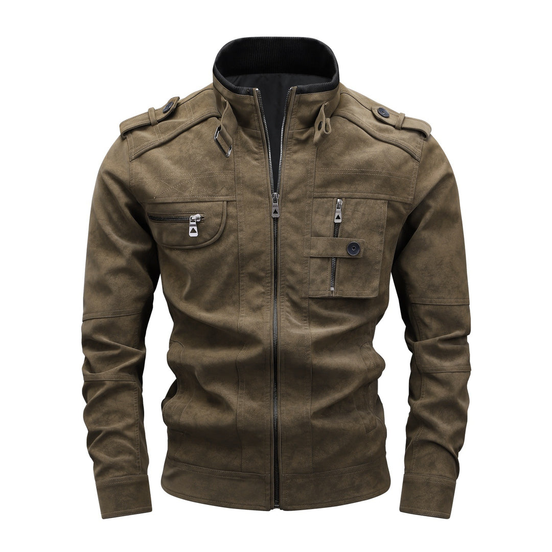 Men's Utility Flight Jacket in Suede Look with Stand Collar, Epaulettes and Multiple Pockets Mune Fashion