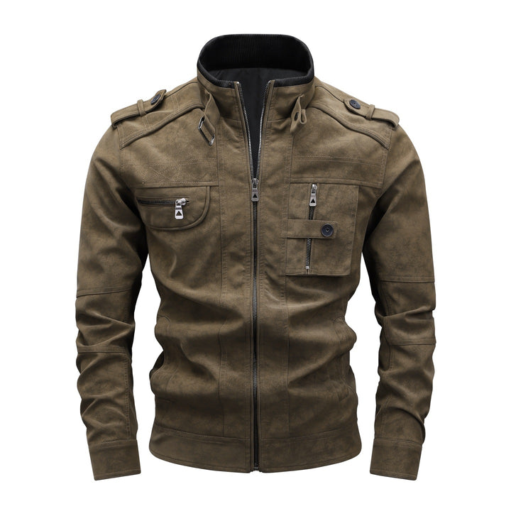 Men's Utility Flight Jacket in Suede Look with Stand Collar, Epaulettes and Multiple Pockets Mune Fashion