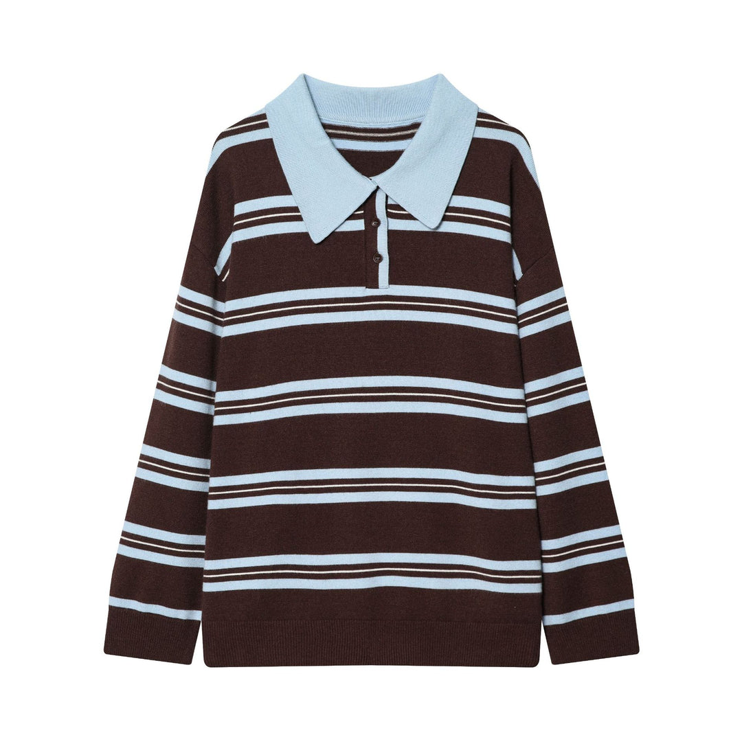 Women's striped fine knit polo sweater with button placket, ribbed cuffs, and light wool blend Mune Fashion