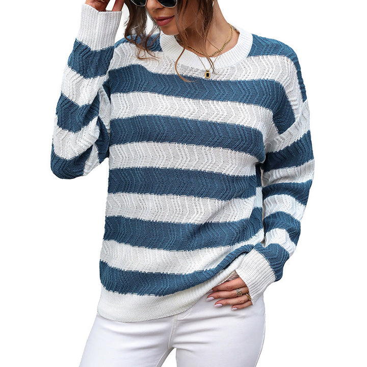 Women's Striped Openwork Knit Sweater with Wavy Design, Loose Fit and Ribbed Cuffs