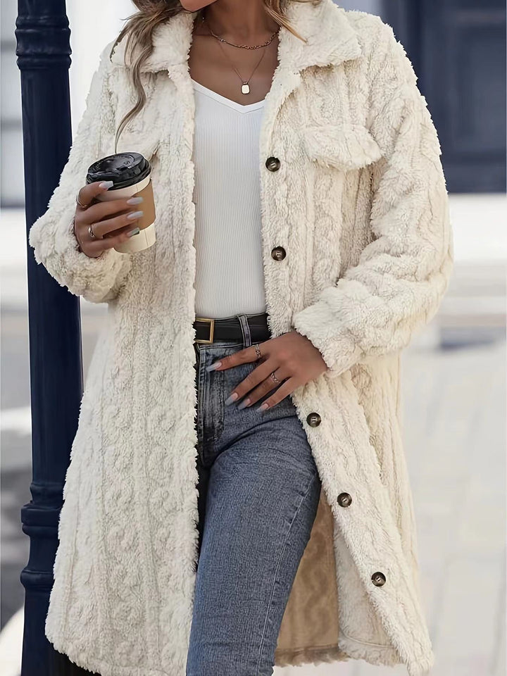 Women's longer teddy coat with shawl collar and patch breast pockets Mune Fashion