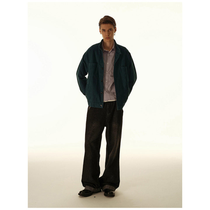Men's Loose Canvas Overshirt with Stand-Up Collar, Patch Pockets and Distinctive Stitching Details Mune Fashion