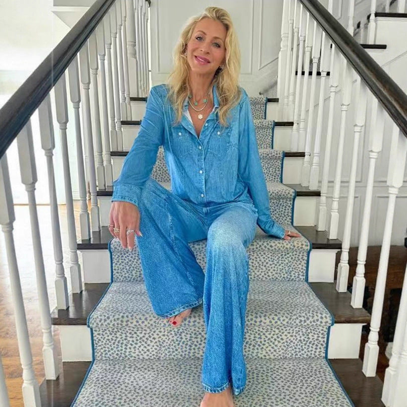 Women Relaxed Denim Loungewear Set with Oversized Shirt and Wide Flare Pants Mune Fashion