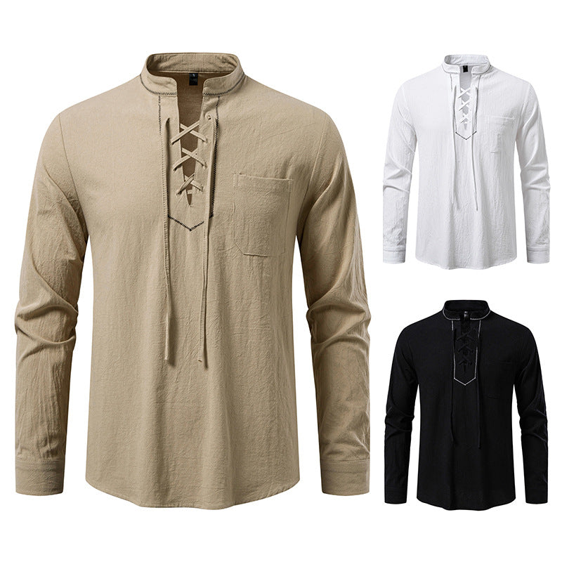 Men's Lightweight Cotton Blend Henley Shirt with Lace Placket and Stand Collar Mune Fashion
