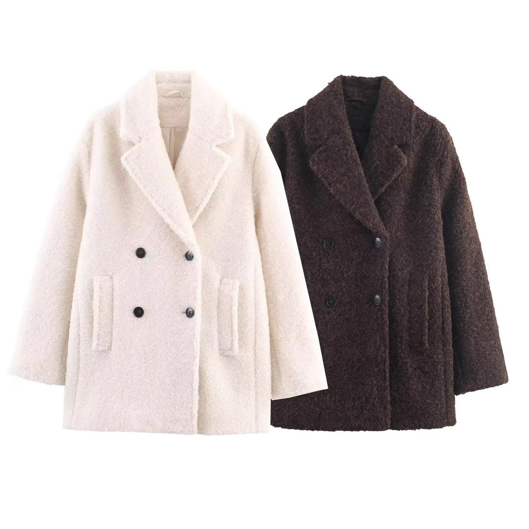 Ladies Double-Breasted Teddy Coat with Shawl Collar and Patch Pockets Mune Fashion