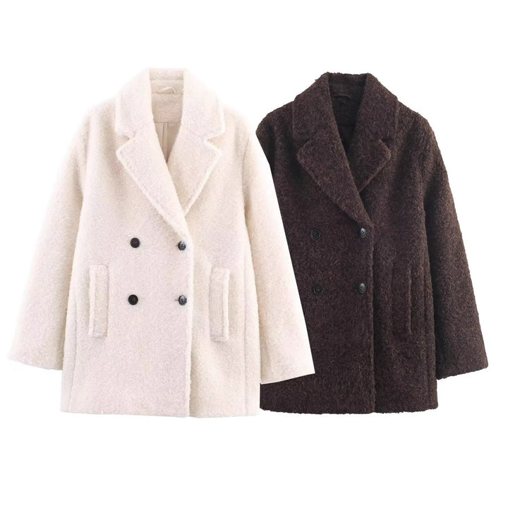 Ladies Double-Breasted Teddy Coat with Shawl Collar and Patch Pockets Mune Fashion