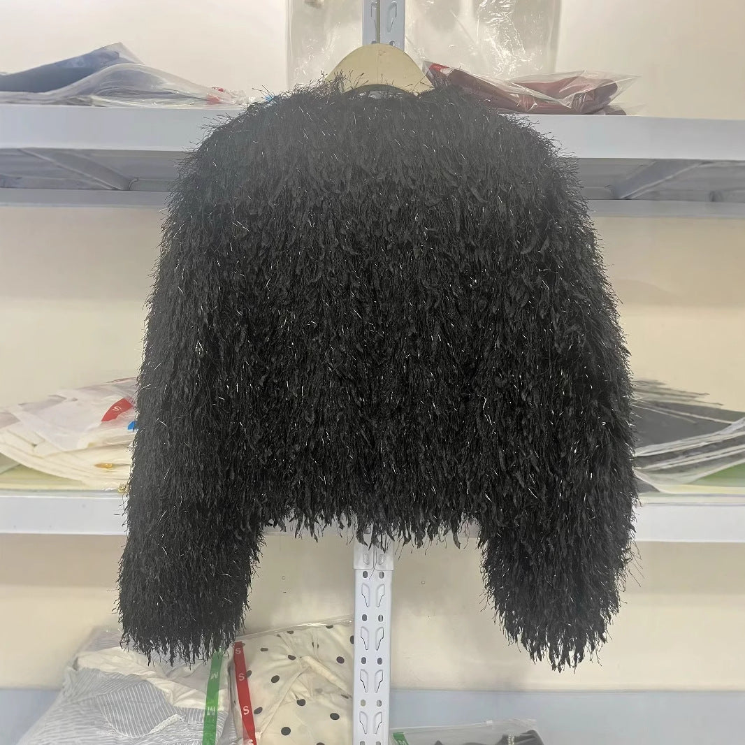 Women's short faux fur jacket with shaggy fringe texture, soft lining and boxy cropped cut Mune Fashion