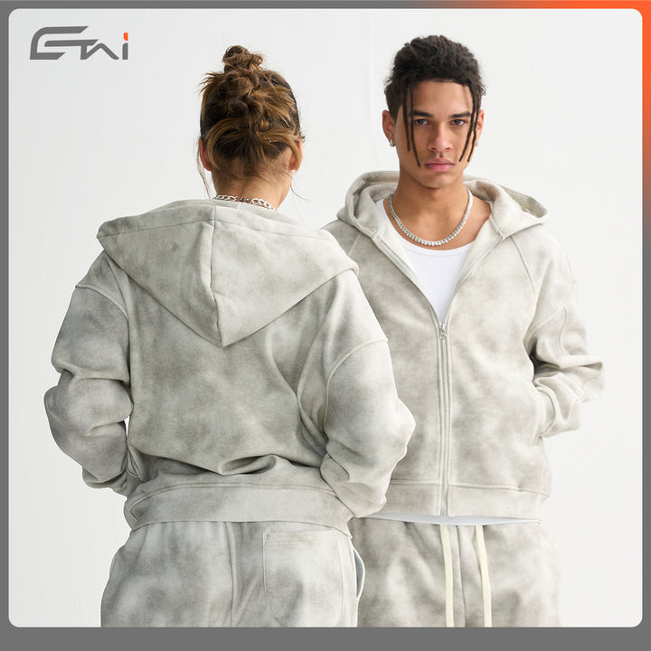 Unisex Boxy-Zip Hoodie with Fog Wash and Raglan Sleeves Mune Fashion