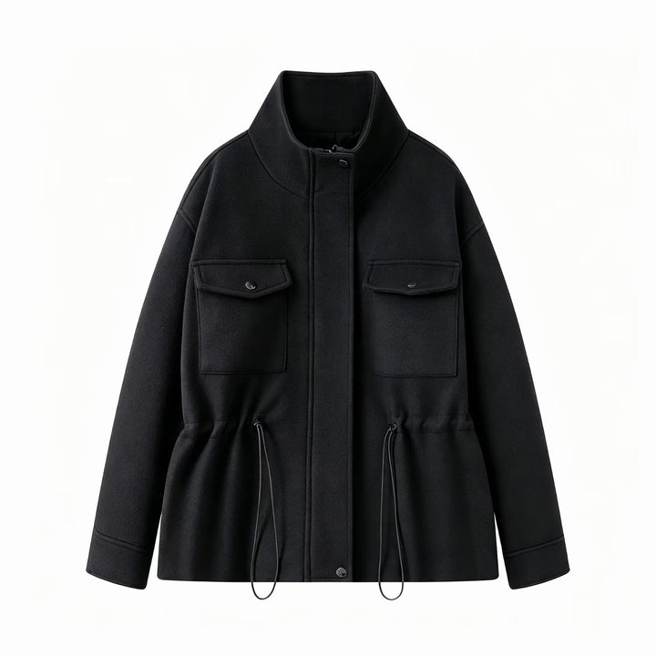 Women's wool blend field jacket with stand-up collar, patch breast pockets, and drawstring waist Mune Fashion