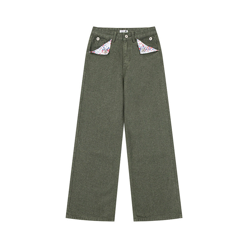 Women Loose High-Waist Jeans in Palazzo Cut with Decorative Stitching and Floral Pocket Lining Mune Fashion
