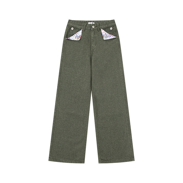 Women Loose High-Waist Jeans in Palazzo Cut with Decorative Stitching and Floral Pocket Lining Mune Fashion