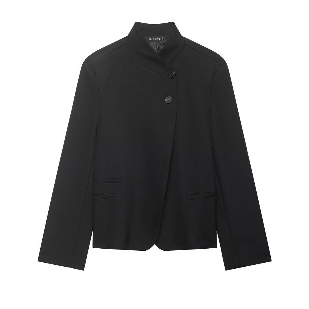 Women's Short Blazer with Stand Collar and Asymmetric Two-Button Closure Mune Fashion
