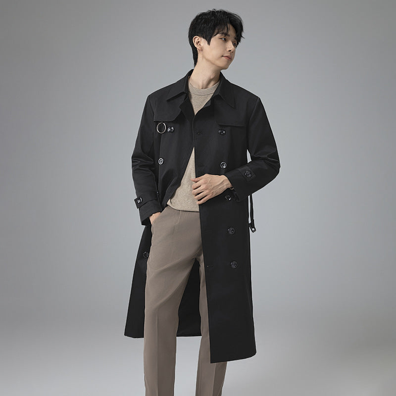 Men's Modern Tech Trench Coat with Double-Breasted Button Placket, Tie Belt and Subtle Ring Details Mune Fashion