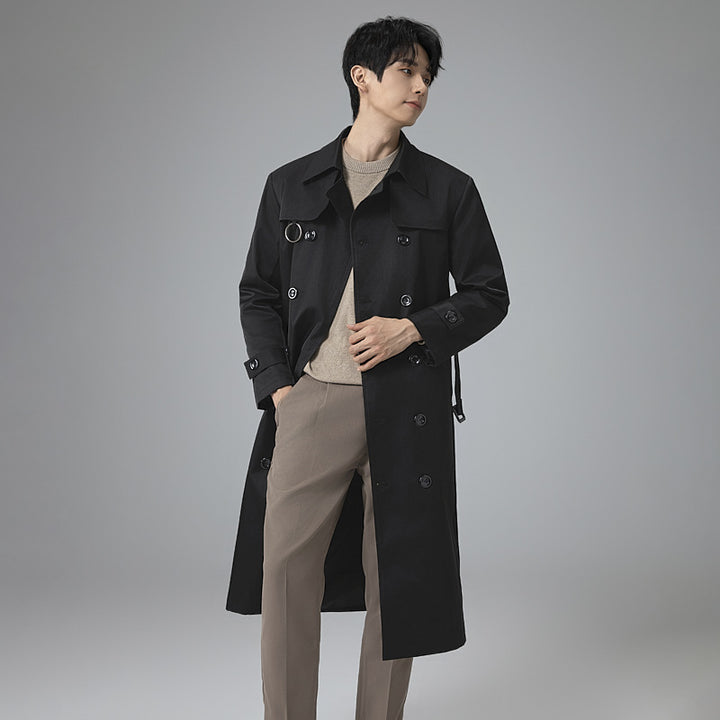 Men's Modern Tech Trench Coat with Double-Breasted Button Placket, Tie Belt and Subtle Ring Details Mune Fashion