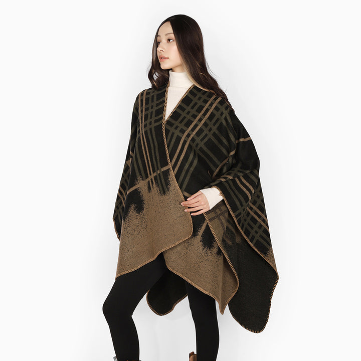 Women's Oversize Cape Poncho made of wool mix with star and check jacquard and softly falling drape