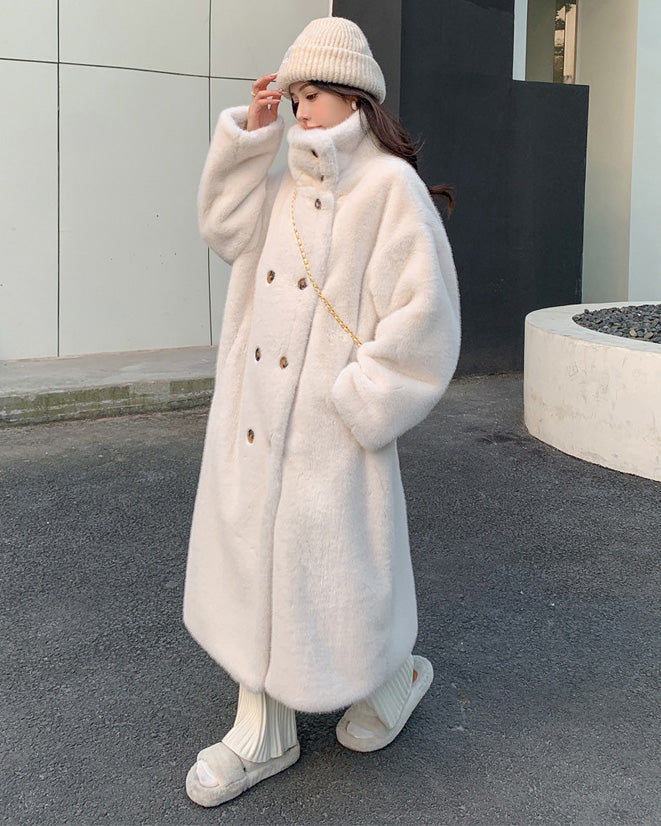Mune | Collar Double Breasted Faux Mink Fur Long Coat