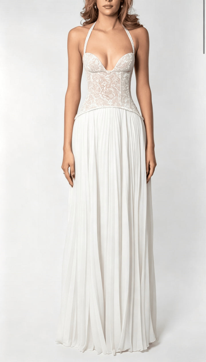 Ladies' elegant evening dress with lace corset and pleated maxi skirt Mune Fashion
