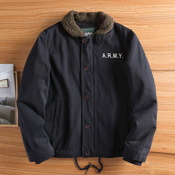 Men's military-inspired canvas jacket with teddy collar, insulating inner lining, and drawstring hood