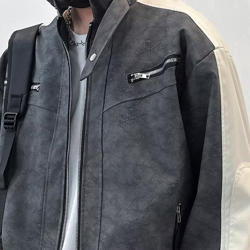 Men's Contrast Sleeveless Oversized Faux Leather Utility Jacket with Stand Collar Mune Fashion