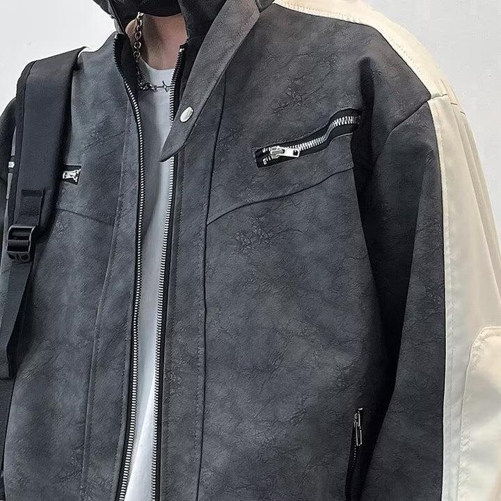 Men's Contrast Sleeveless Oversized Faux Leather Utility Jacket with Stand Collar Mune Fashion