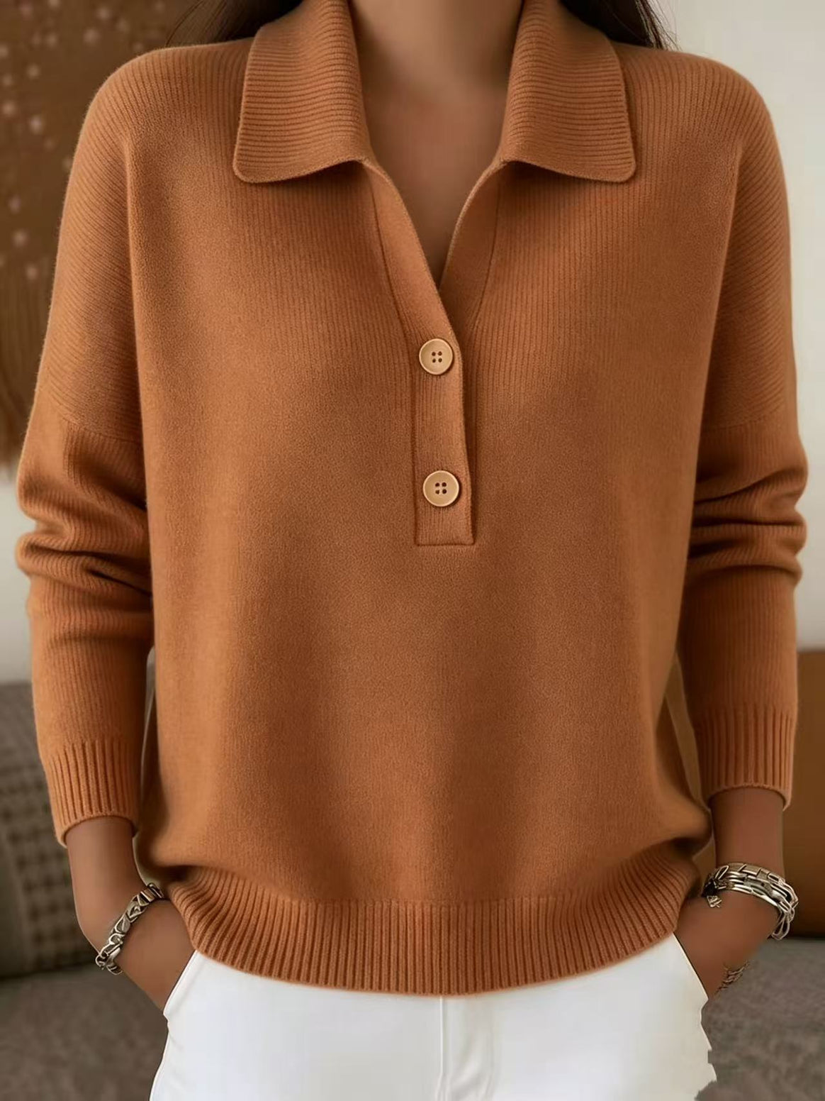 Women's casual fine knit polo collar sweater with two-button placket Mune Fashion