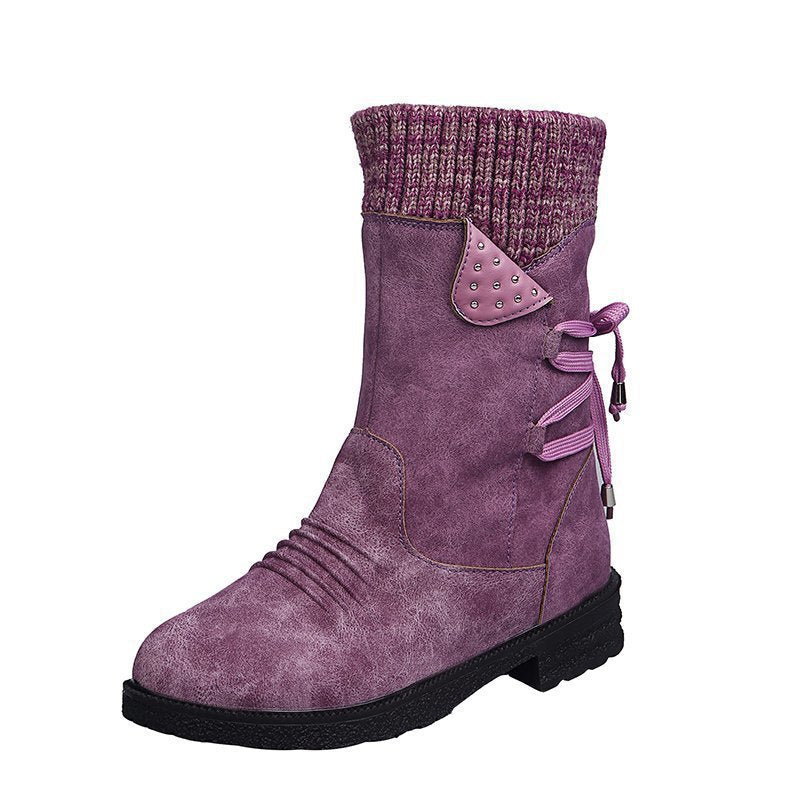 Women's Mid-Cut Boots with Knit Cuff, Decorative Cord and Velour Look Mune Fashion
