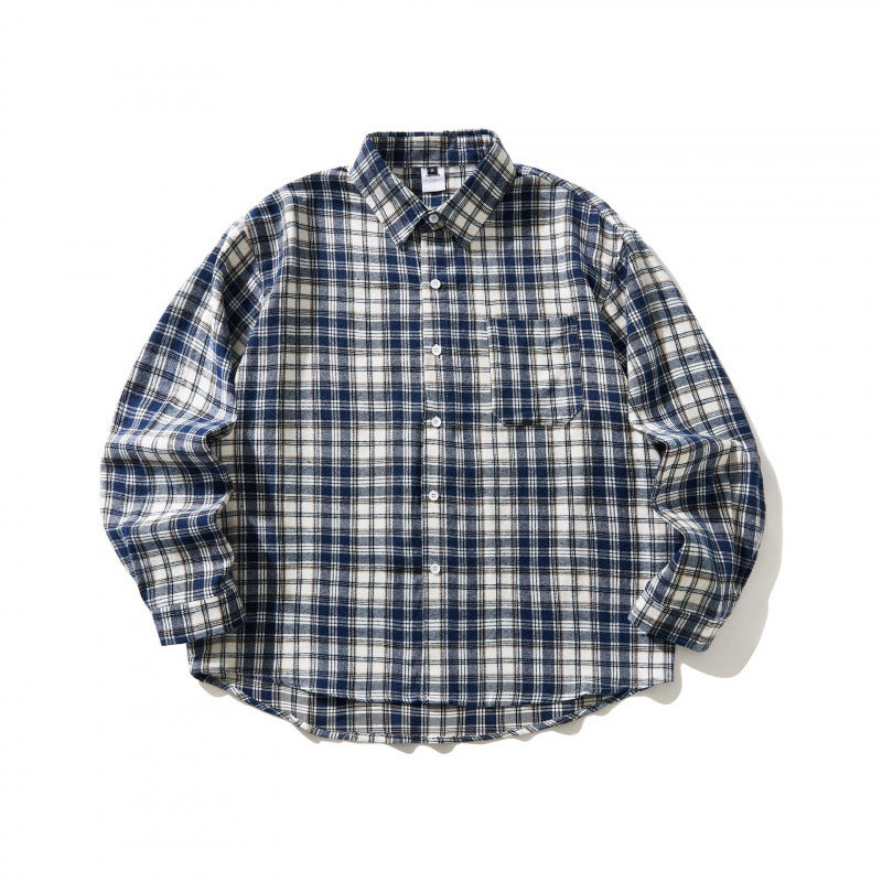 Unisex Oversized checked Flannel shirt jacket with chest pocket and rounded hem Mune Fashion