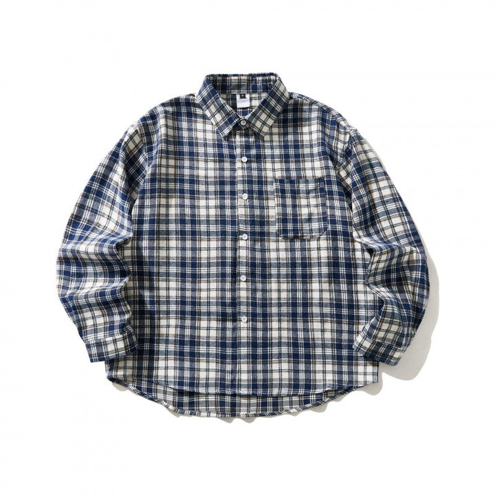 Unisex Oversized checked Flannel shirt jacket with chest pocket and rounded hem Mune Fashion