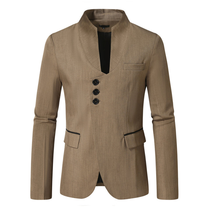 Men's nan asymmetrical blazer with stand collar, three buttons and slim fit as well as piped pockets Mune Fashion
