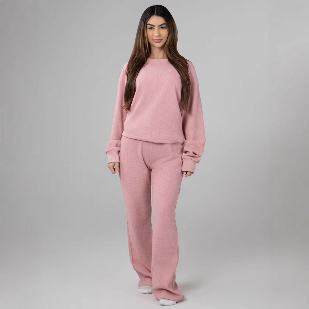 Ladies Waffle Knit Loungewear Set with Oversized Sweater and Drawstring Jogging Pants Mune Fashion