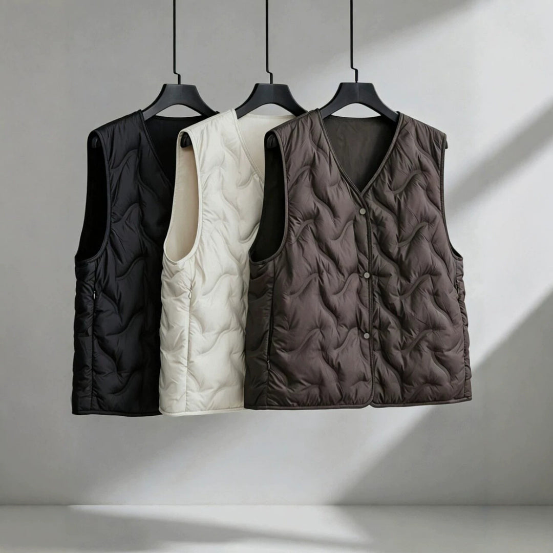 Women’s lightly padded quilted vest with V-neck and press studs Mune Fashion