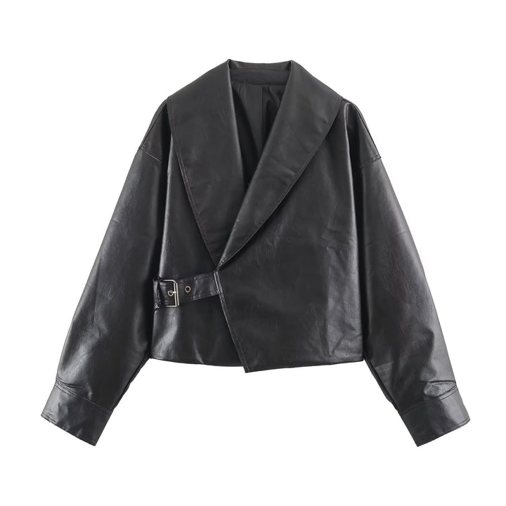 Women Short Oversized Faux Leather Jacket with Wide Shawl Collar and Belt Mune Fashion