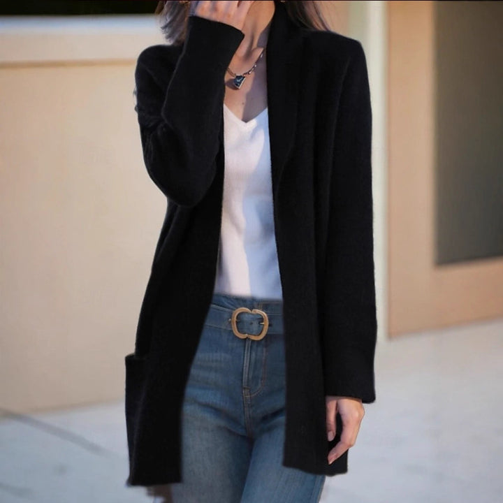 Women's Open Long Cardigan made of Soft Knit with Applied Pockets Drune