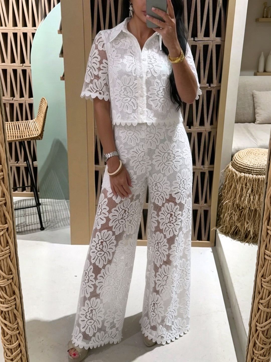 Women's elegant lace combination with short-sleeved blouse, scalloped hem, and tailored palazzo pants with tie belt Mune Fashion
