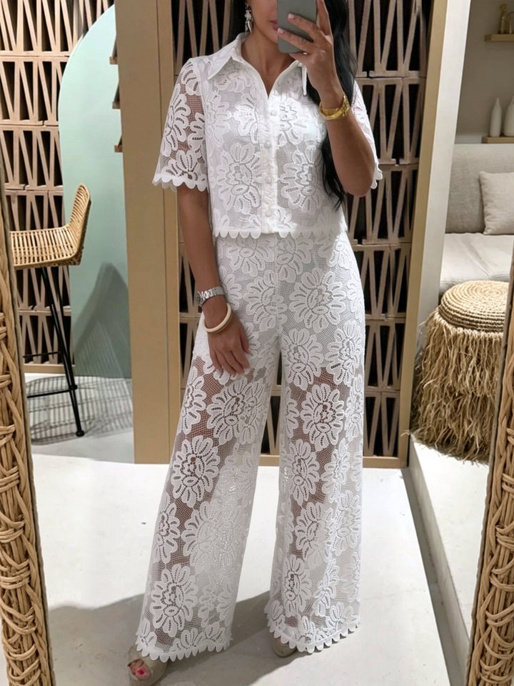 Women's elegant lace combination with short-sleeved blouse, scalloped hem, and tailored palazzo pants with tie belt Mune Fashion