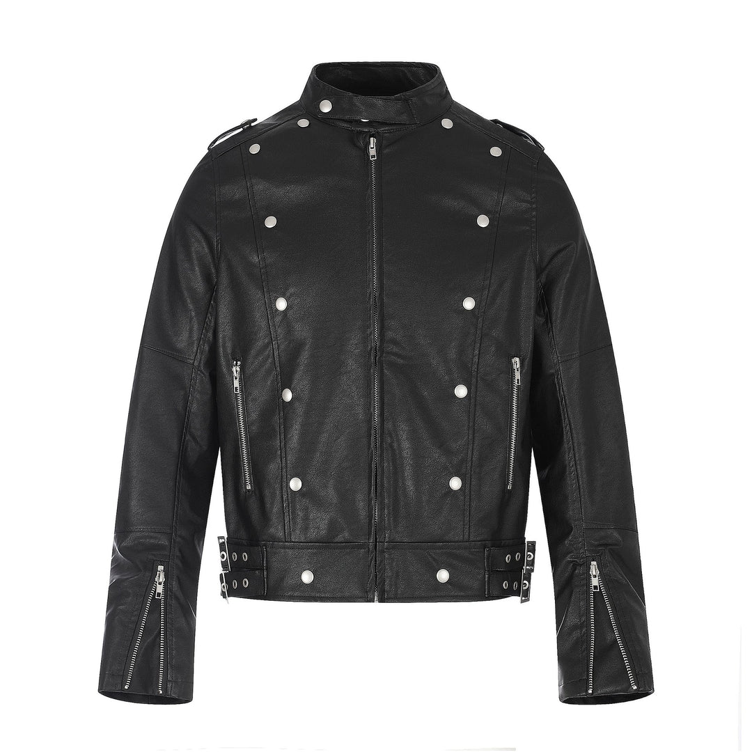 Men's biker leather jacket in military style with studs, stand-up collar and waist belt Mune Fashion