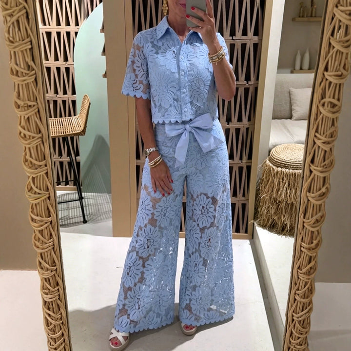 Women's elegant lace combination with short-sleeved blouse, scalloped hem, and tailored palazzo pants with tie belt Mune Fashion